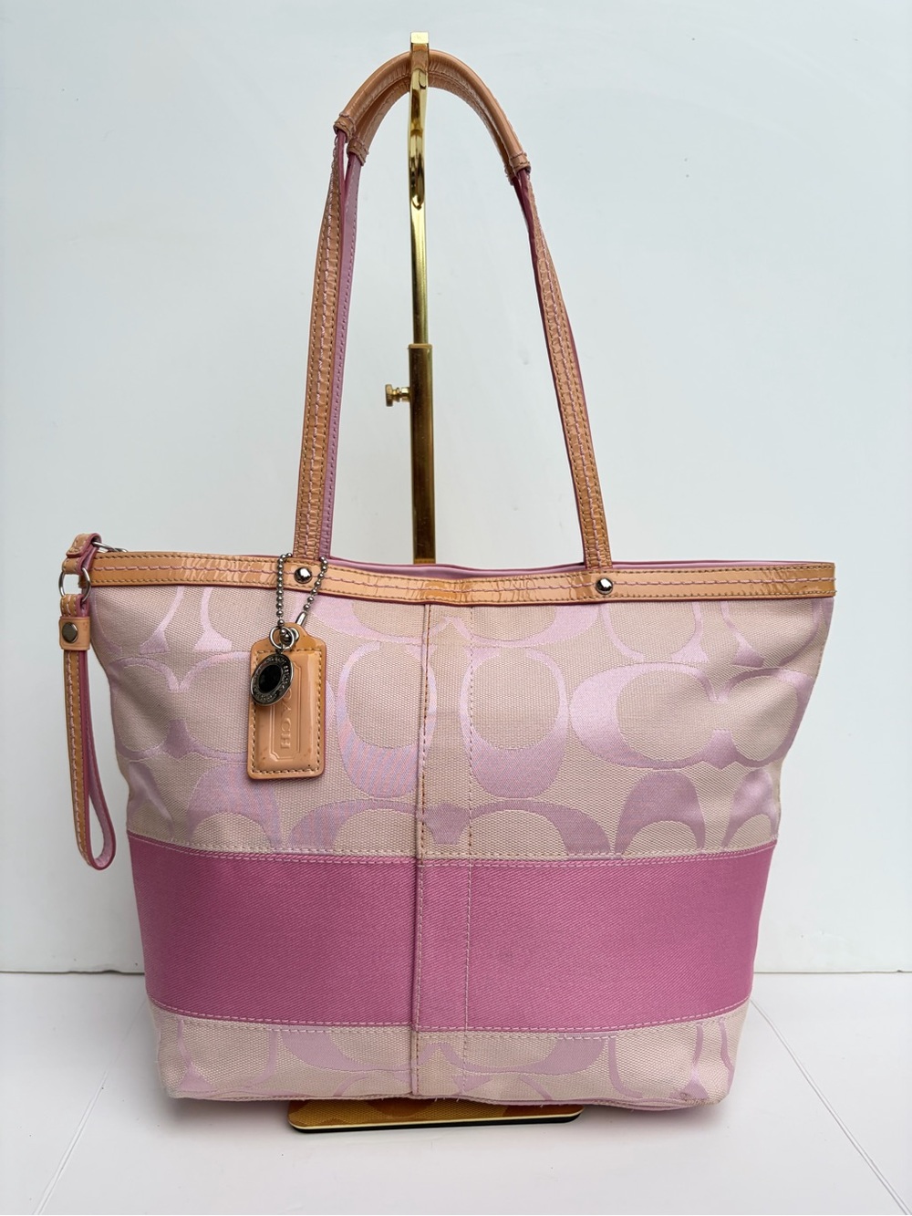 Vintage Coach Pink Signature C Stripe Tote Handbag Leather Trim Like New